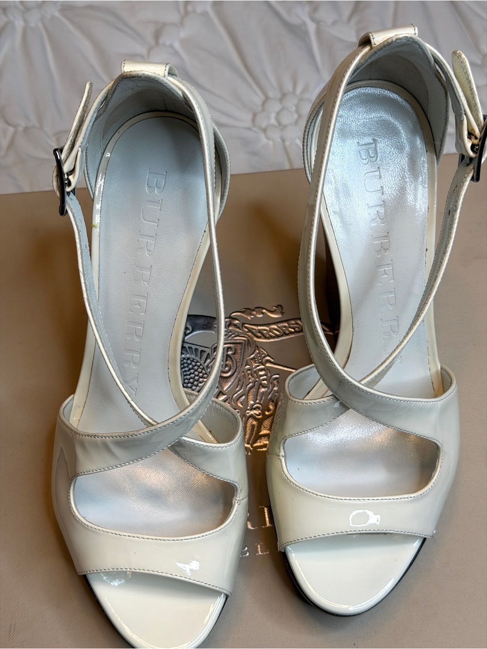 Burberry Cream Patent Leather Crisscross Ankle-Strap Heels